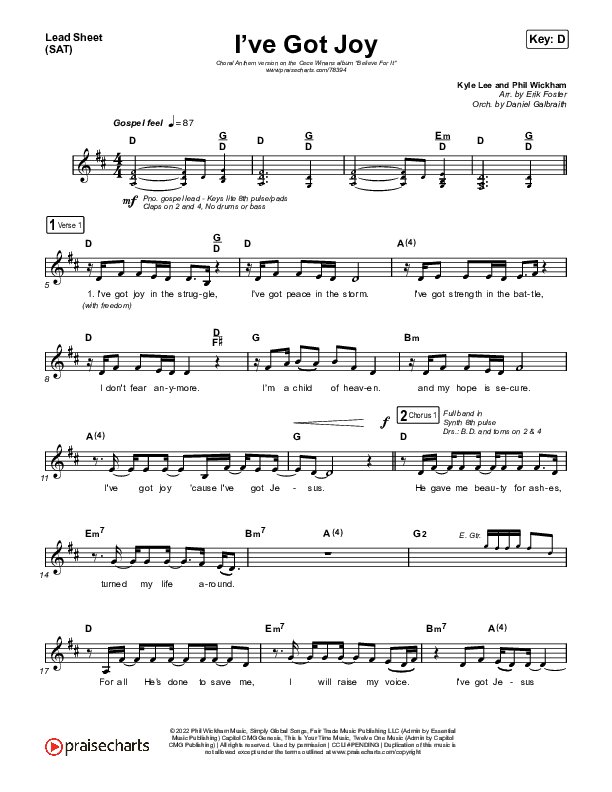 I've Got Joy (Choral Anthem SATB) Lead Sheet (SAT) (CeCe Winans / Arr. Erik Foster)