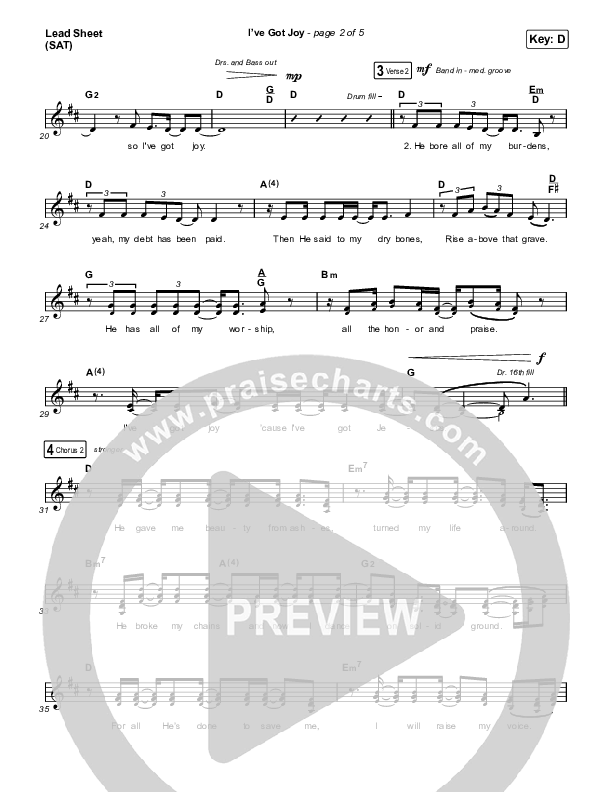 I've Got Joy (Choral Anthem SATB) Lead Sheet (SAT) (CeCe Winans / Arr. Erik Foster)