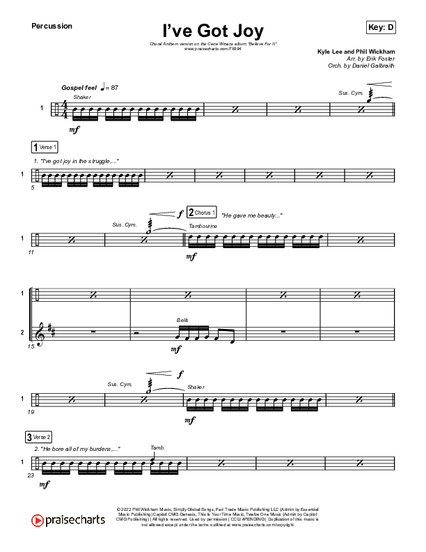 I've Got Joy (Choral Anthem SATB) Percussion (CeCe Winans / Arr. Erik Foster)