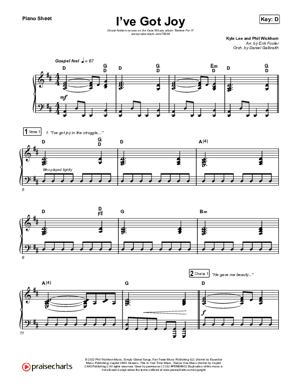 I've Got Joy (Choral Anthem SATB) Piano Sheet (CeCe Winans / Arr. Erik Foster)