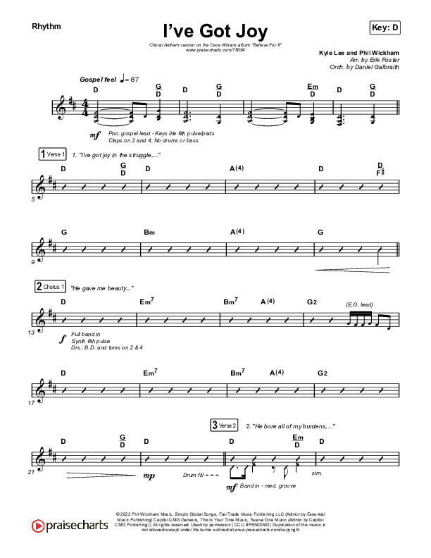 I've Got Joy (Choral Anthem SATB) Rhythm Chart (CeCe Winans / Arr. Erik Foster)