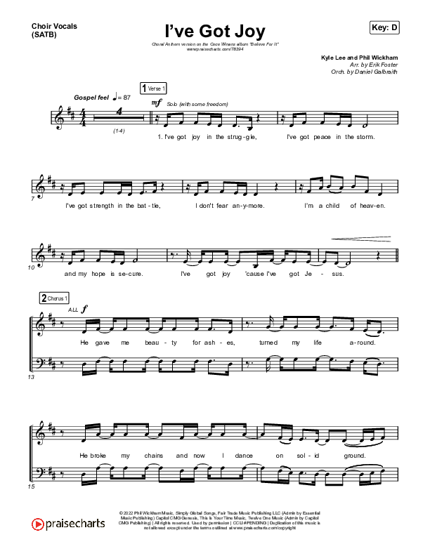 I've Got Joy (Choral Anthem SATB) Choir Sheet (SATB) (CeCe Winans / Arr. Erik Foster)