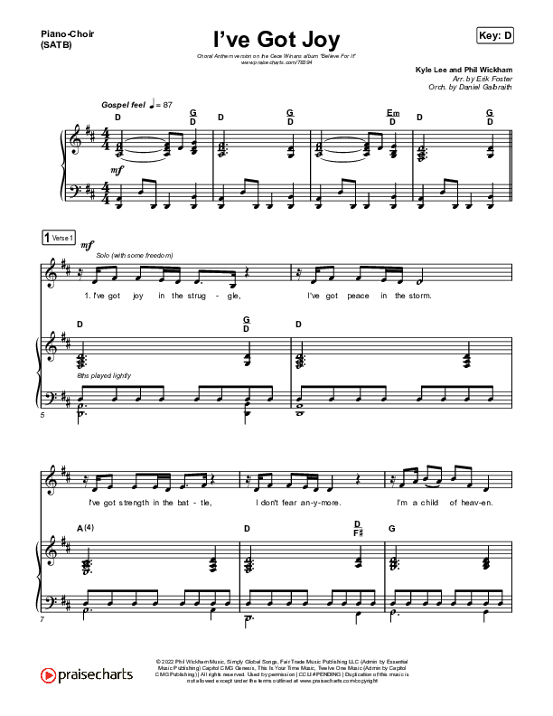 I've Got Joy (Choral Anthem SATB) Piano/Vocal (SATB) (CeCe Winans / Arr. Erik Foster)