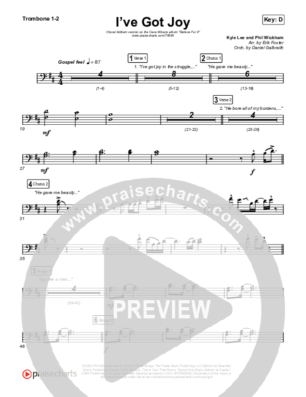 I've Got Joy (Choral Anthem SATB) Trombone 1/2 (CeCe Winans / Arr. Erik Foster)