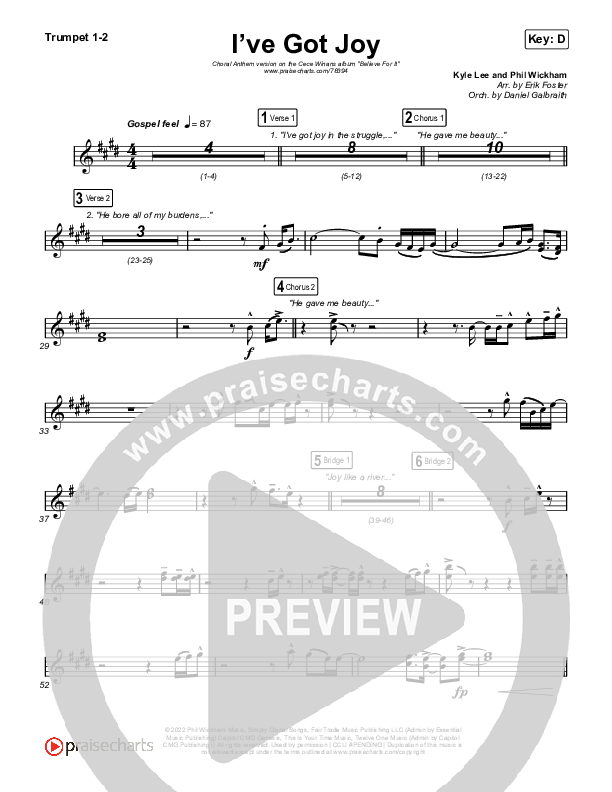 I've Got Joy (Choral Anthem SATB) Trumpet 1,2 (CeCe Winans / Arr. Erik Foster)