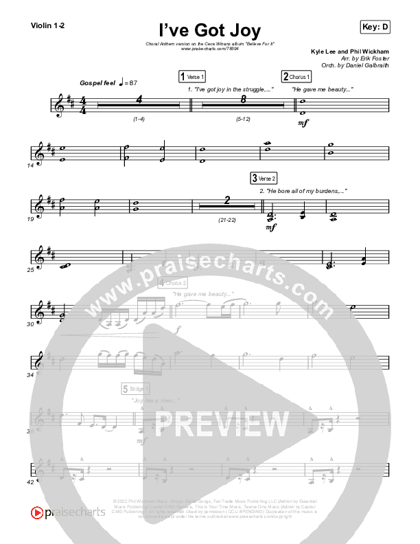 I've Got Joy (Choral Anthem SATB) Violin 1,2 (CeCe Winans / Arr. Erik Foster)