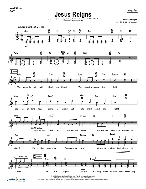 Jesus Reigns Lead Sheet (Dennis Jernigan)
