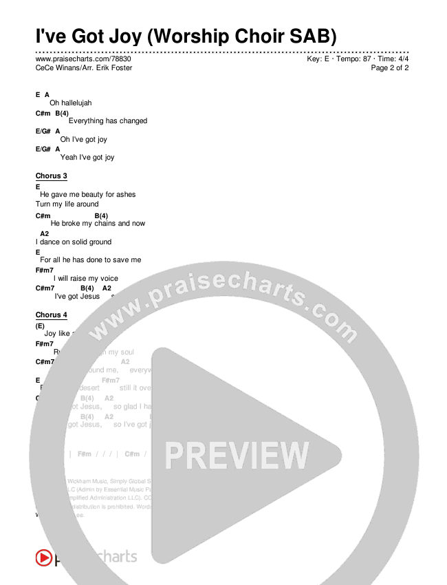 I've Got Joy (Worship Choir SAB) Chords & Lyrics (CeCe Winans / Arr. Erik Foster)