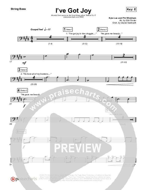 I've Got Joy (Worship Choir SAB) Double Bass (CeCe Winans / Arr. Erik Foster)