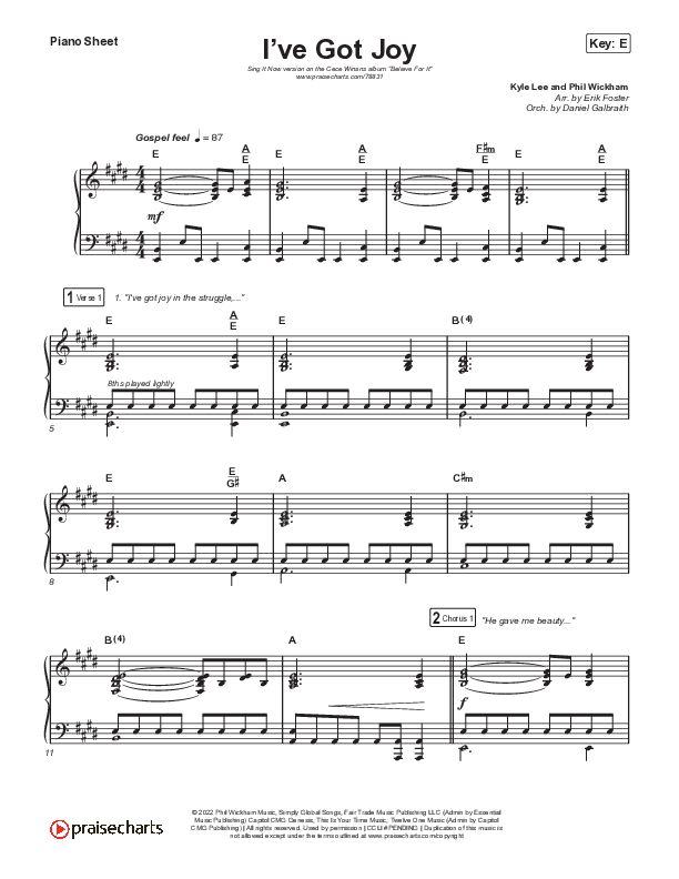 I've Got Joy (Worship Choir SAB) Piano Sheet (CeCe Winans / Arr. Erik Foster)