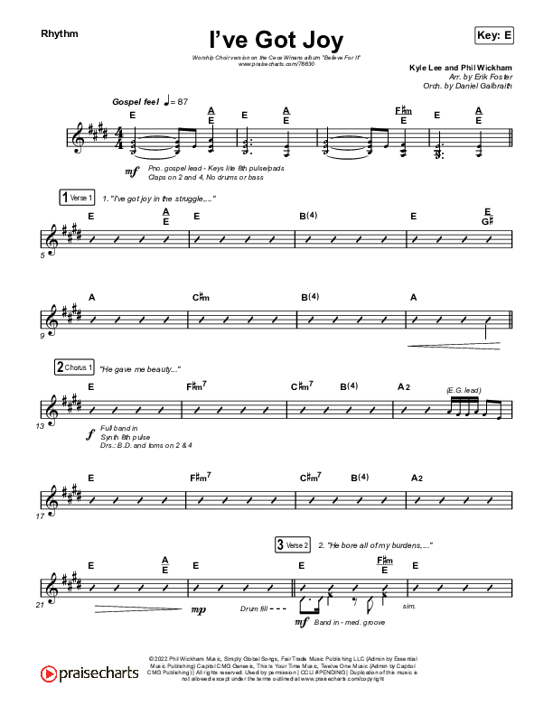 I've Got Joy (Worship Choir SAB) Rhythm Chart (CeCe Winans / Arr. Erik Foster)