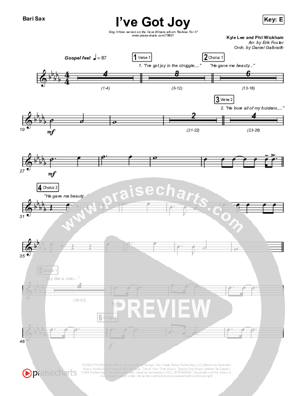 I've Got Joy (Sing It Now SATB) Bari Sax (CeCe Winans / Arr. Erik Foster)