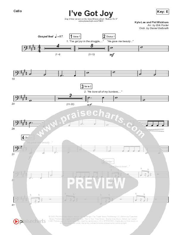I've Got Joy (Sing It Now SATB) Cello (CeCe Winans / Arr. Erik Foster)