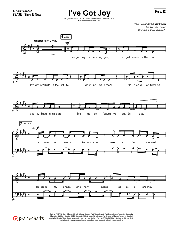 I've Got Joy (Sing It Now SATB) Choir Sheet (SATB) (CeCe Winans / Arr. Erik Foster)