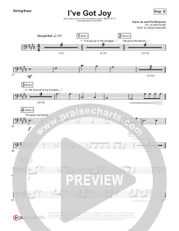 I've Got Joy (Sing It Now SATB) Double Bass (CeCe Winans / Arr. Erik Foster)
