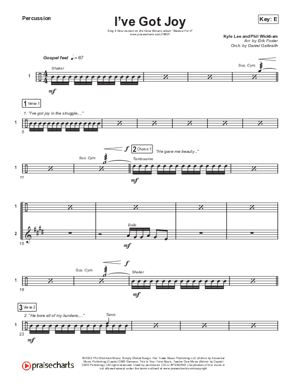 I've Got Joy (Sing It Now SATB) Percussion (CeCe Winans / Arr. Erik Foster)