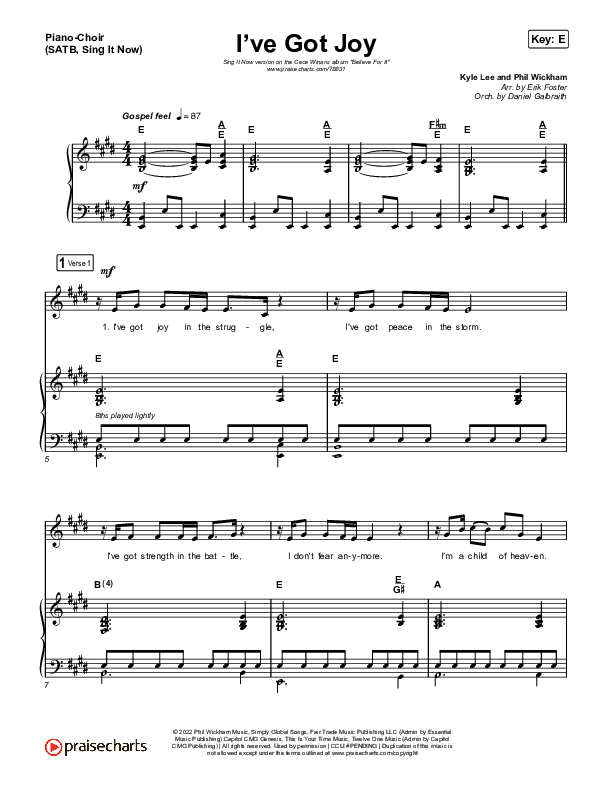 I've Got Joy (Sing It Now SATB) Piano/Choir (SATB) (CeCe Winans / Arr. Erik Foster)