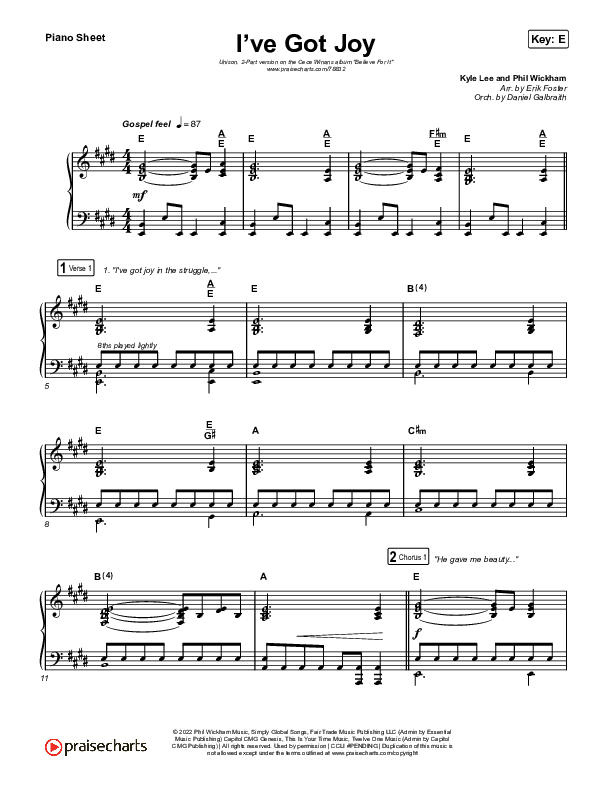 I've Got Joy (Unison/2-Part Choir) Piano Sheet (CeCe Winans / Arr. Erik Foster)