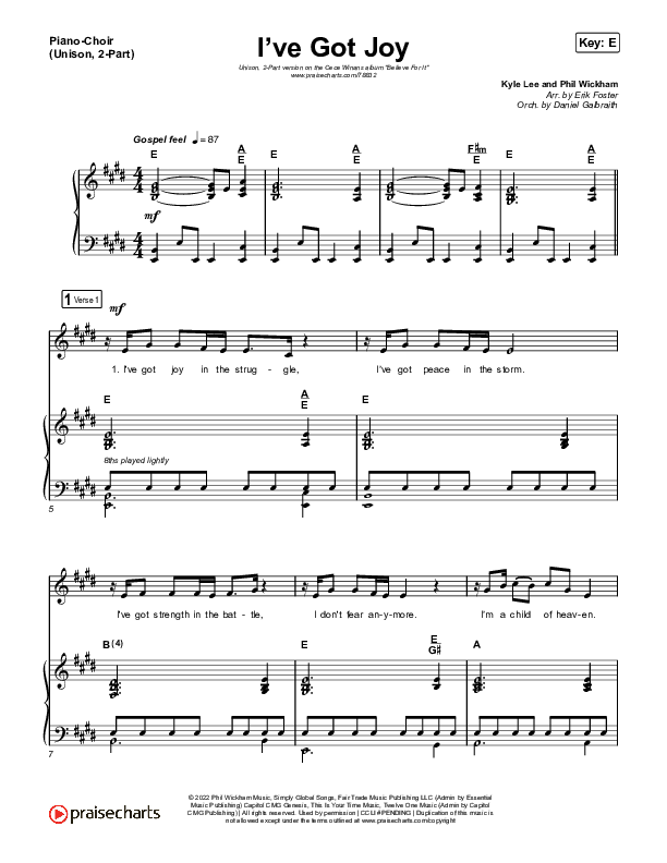 I've Got Joy (Unison/2-Part Choir) Piano/Choir  (Uni/2-Part) (CeCe Winans / Arr. Erik Foster)