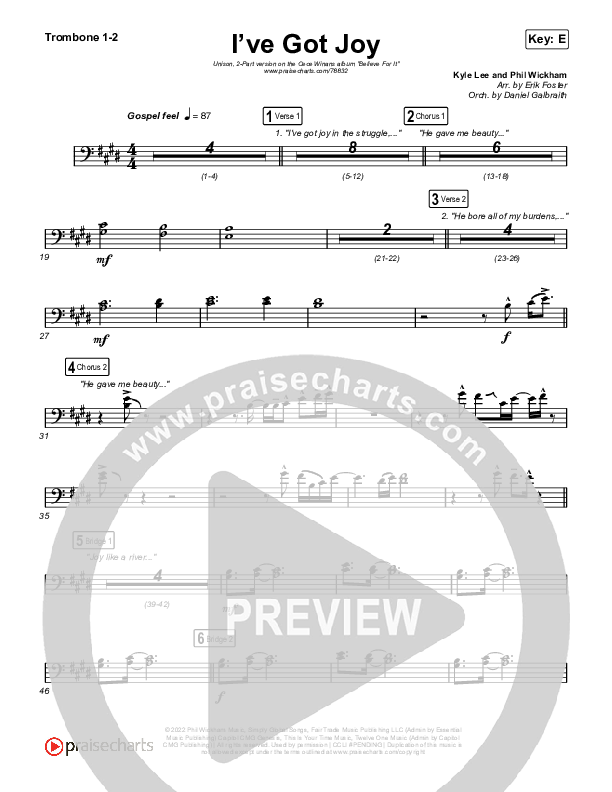 I've Got Joy (Unison/2-Part Choir) Trombone 1/2 (CeCe Winans / Arr. Erik Foster)
