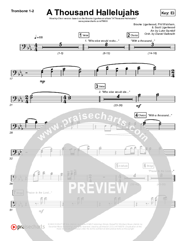 A Thousand Hallelujahs (Worship Choir SAB) Trombone 1/2 (Brooke Ligertwood / Arr. Luke Gambill)