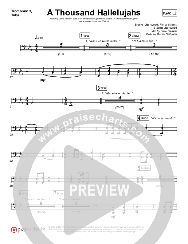 A Thousand Hallelujahs (Worship Choir SAB) Trombone 3/Tuba (Brooke Ligertwood / Arr. Luke Gambill)