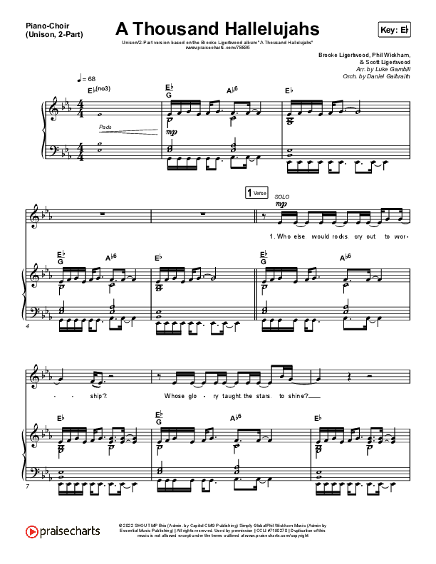 A Thousand Hallelujahs (Unison/2-Part Choir) Piano/Choir  (Uni/2-Part) (Brooke Ligertwood / Arr. Luke Gambill)