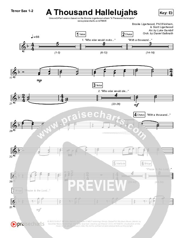 A Thousand Hallelujahs (Unison/2-Part Choir) Sax Pack (Brooke Ligertwood / Arr. Luke Gambill)