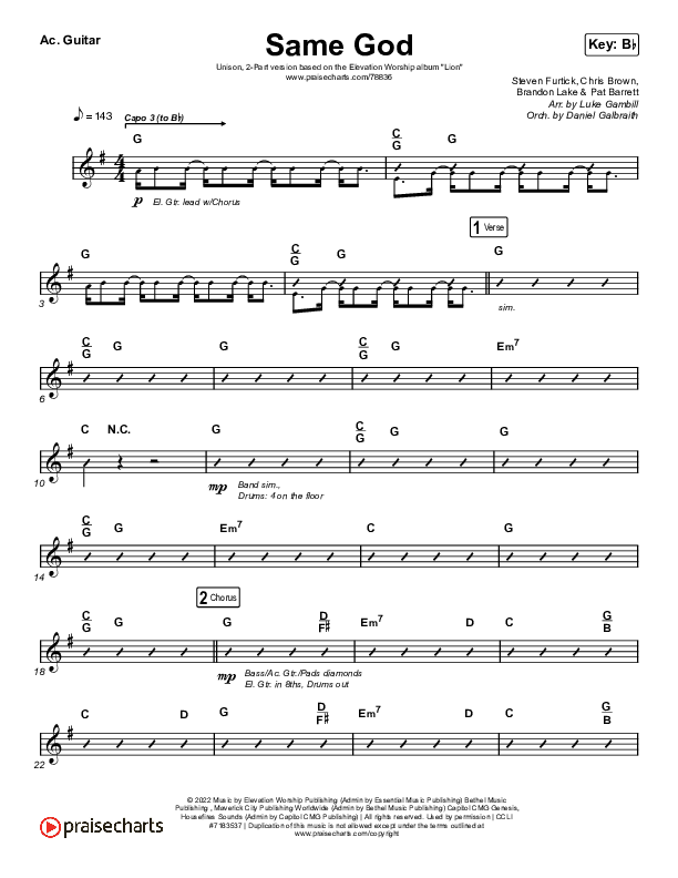 Same God (Unison/2-Part Choir) Acoustic Guitar (Elevation Worship / Jonsal Barrientes / Arr. Luke Gambill)