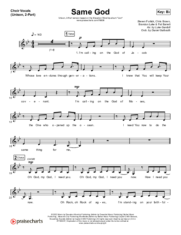Same God (Unison/2-Part Choir) Choir Vocals (Uni/2-Part) (Elevation Worship / Jonsal Barrientes / Arr. Luke Gambill)
