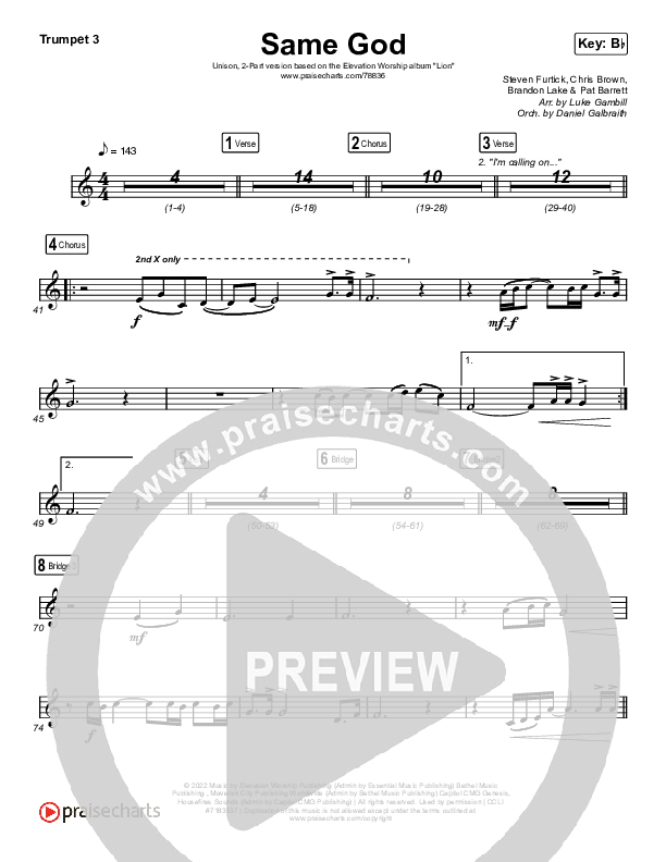 Same God (Unison/2-Part Choir) Trumpet 3 (Elevation Worship / Jonsal Barrientes / Arr. Luke Gambill)
