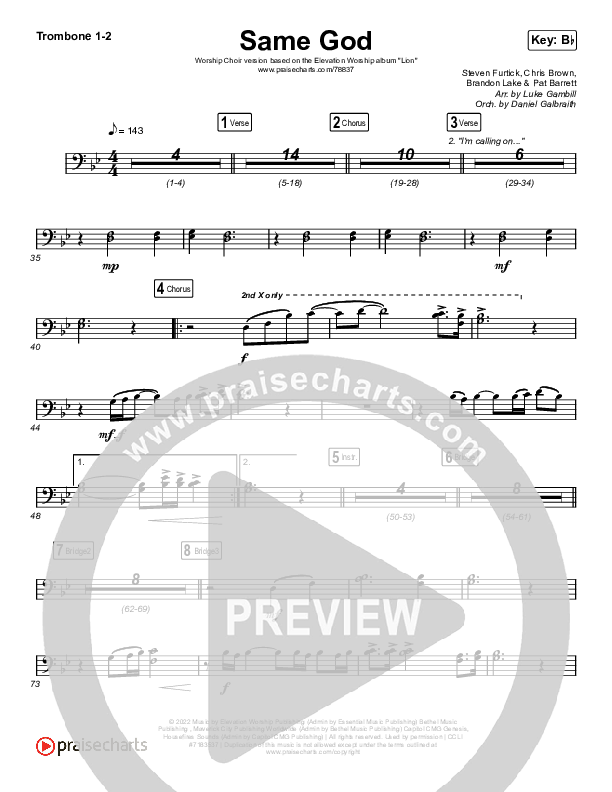Same God (Worship Choir SAB) Trombone 1/2 (Elevation Worship / Jonsal Barrientes / Arr. Luke Gambill)