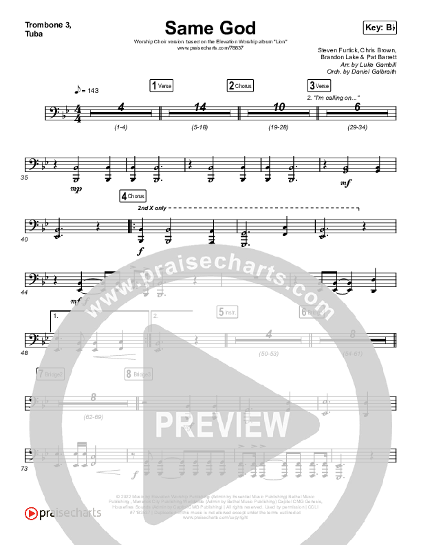 Same God (Worship Choir SAB) Trombone 3/Tuba (Elevation Worship / Jonsal Barrientes / Arr. Luke Gambill)