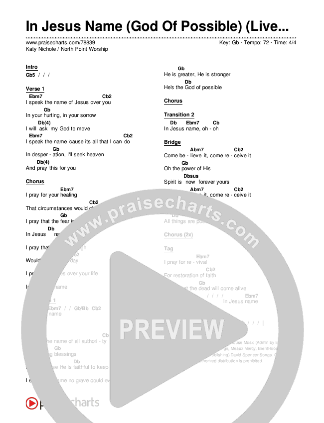 In Jesus Name (God Of Possible) (Live) Chords & Lyrics (Katy Nichole / North Point Worship)