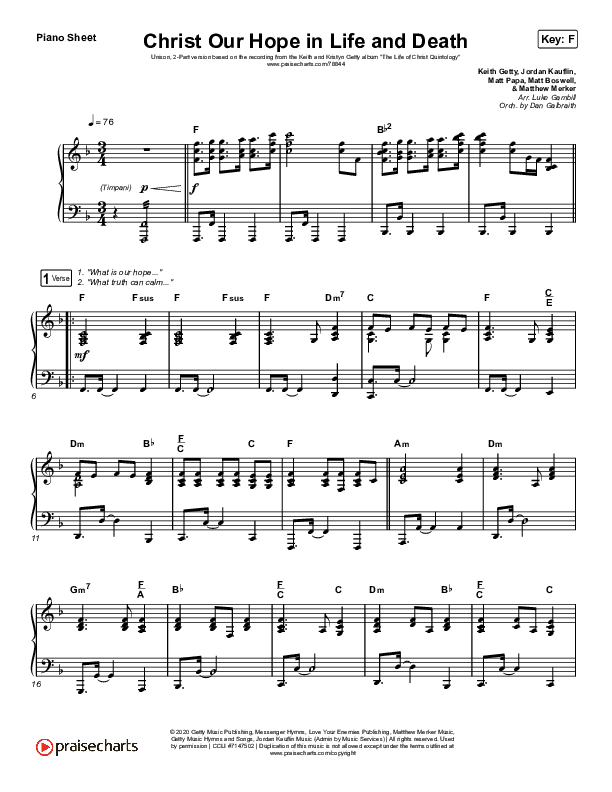 Christ Our Hope In Life And Death (Unison/2-Part Choir) Piano Sheet (Matt Papa / Keith & Kristyn Getty / Arr. Luke Gambill)
