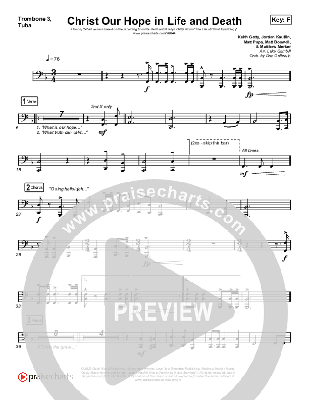 Christ Our Hope In Life And Death (Unison/2-Part Choir) Trombone 3/Tuba (Matt Papa / Keith & Kristyn Getty / Arr. Luke Gambill)