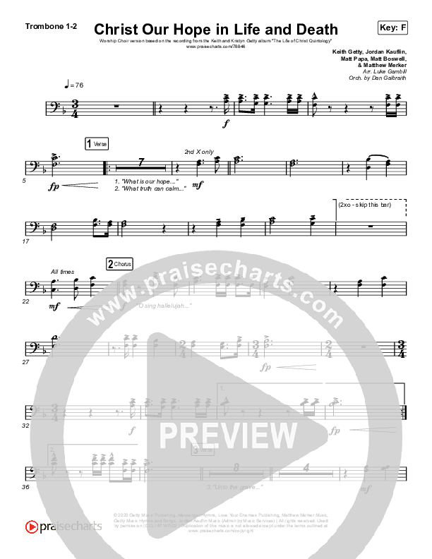 Christ Our Hope In Life And Death (Worship Choir SAB) Trombone 1/2 (Matt Papa / Keith & Kristyn Getty / Arr. Luke Gambill)