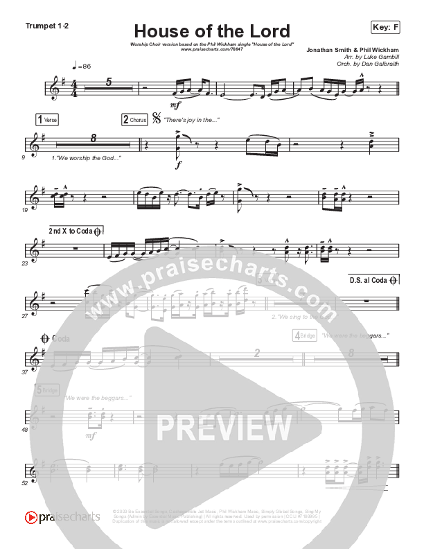 House Of The Lord (Worship Choir SAB) Trumpet 1,2 (Phil Wickham / Arr. Luke Gambill)