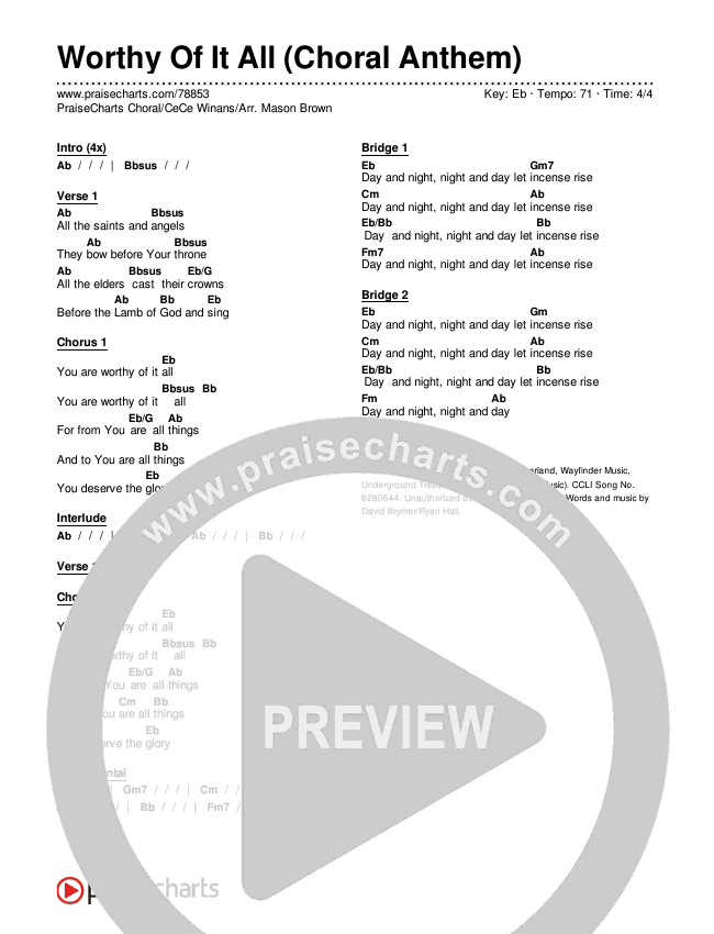Worthy Of It All (Choral Anthem SATB) Chords & Lyrics (CeCe Winans / Arr. Mason Brown)