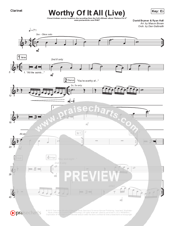 Worthy Of It All (Choral Anthem SATB) Clarinet 1,2 (CeCe Winans / Arr. Mason Brown)