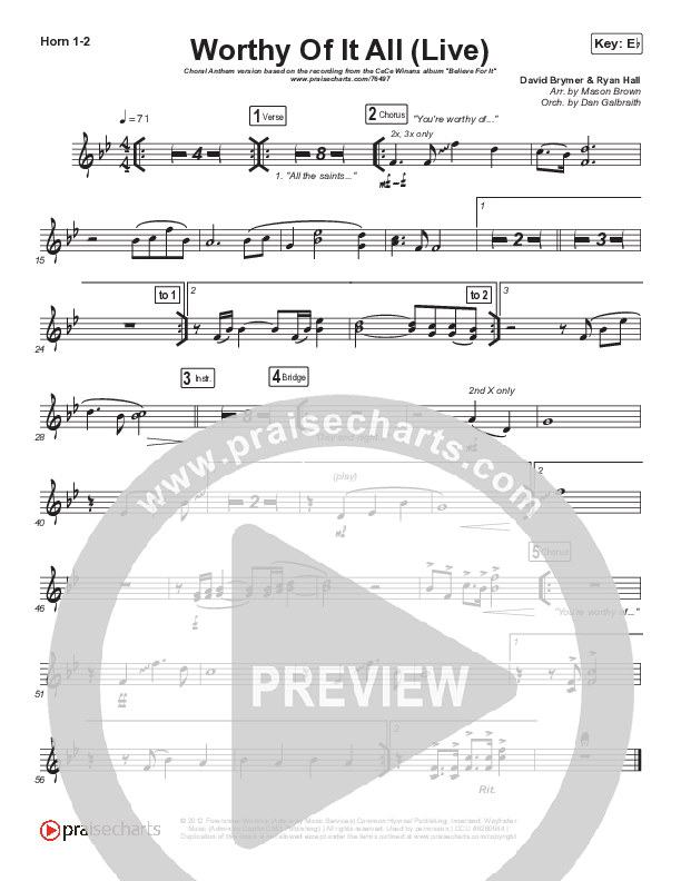 Worthy Of It All (Choral Anthem SATB) French Horn 1,2 (CeCe Winans / Arr. Mason Brown)