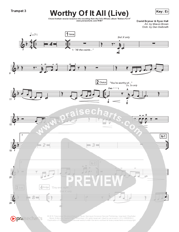 Worthy Of It All (Choral Anthem SATB) Trumpet 3 (CeCe Winans / Arr. Mason Brown)