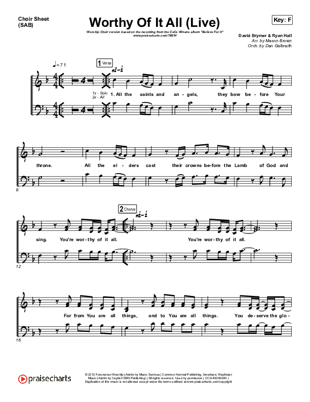 Worthy Of It All (Worship Choir SAB) Choir Sheet (SAB) (CeCe Winans / Arr. Mason Brown)