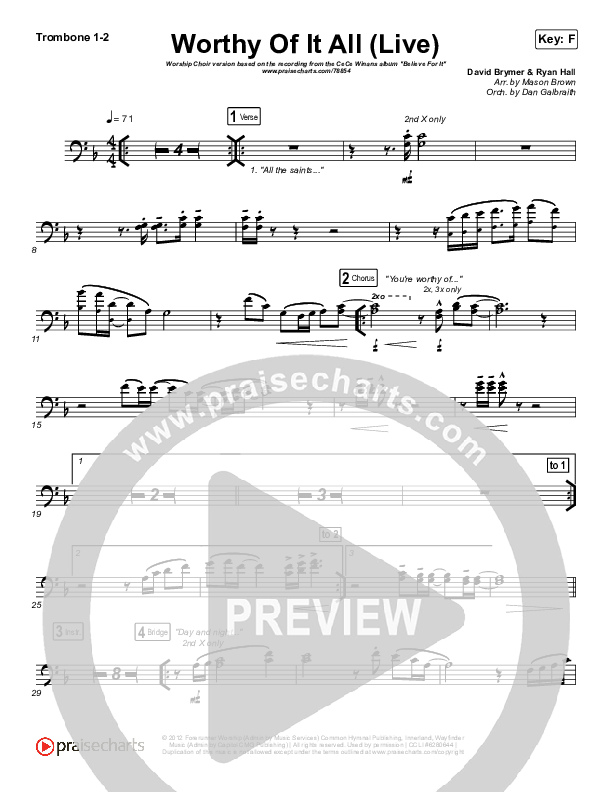 Worthy Of It All (Worship Choir SAB) Trombone 1/2 (CeCe Winans / Arr. Mason Brown)