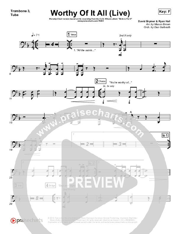 Worthy Of It All (Worship Choir SAB) Trombone 3/Tuba (CeCe Winans / Arr. Mason Brown)