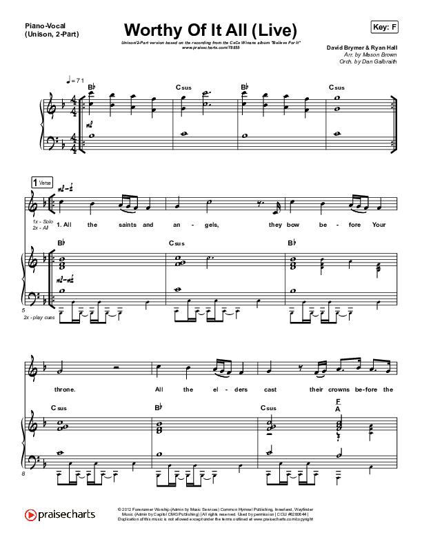 Worthy Of It All (Unison/2-Part Choir) Piano/Choir  (Uni/2-Part) (CeCe Winans / Arr. Mason Brown)