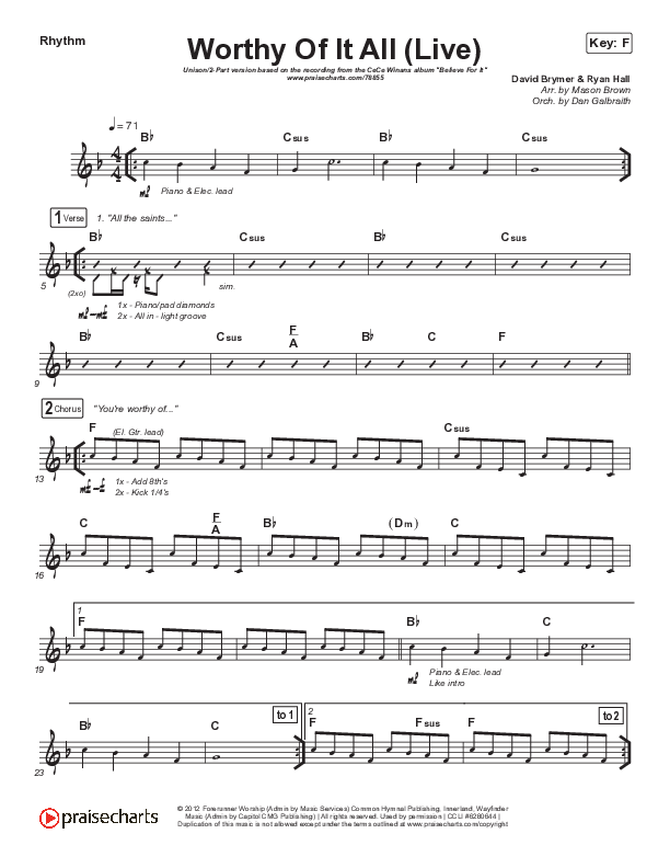 Worthy Of It All (Unison/2-Part Choir) Rhythm Chart (CeCe Winans / Arr. Mason Brown)