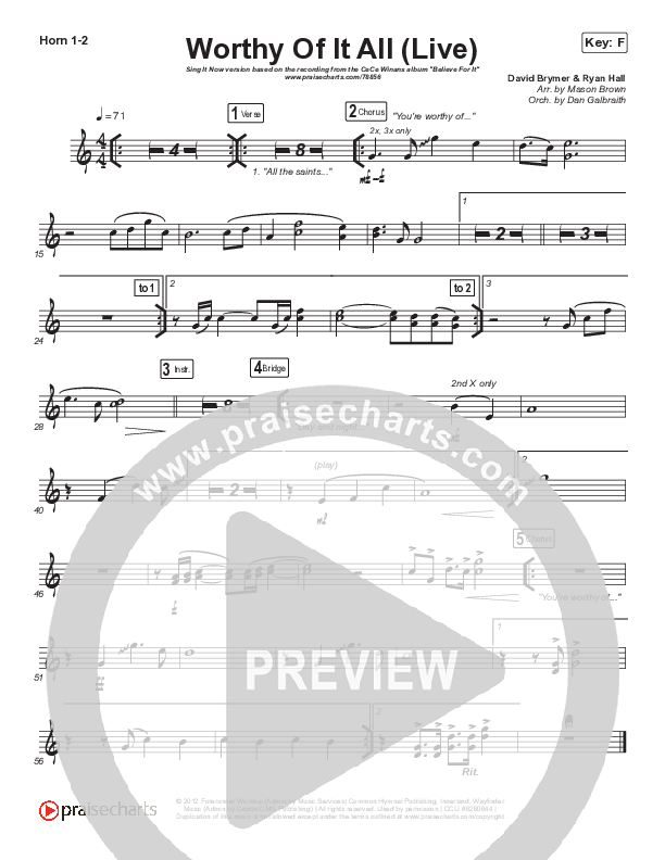 Worthy Of It All (Sing It Now SATB) French Horn 1/2 (CeCe Winans / Arr. Mason Brown)