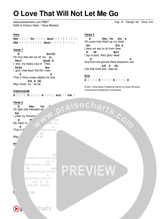O Love That Will Not Let Me Go Chords & Lyrics (Keith & Kristyn Getty / Dana Masters)