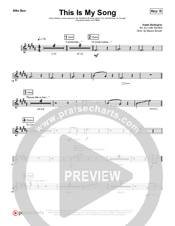 This Is My Song (Choral Anthem SATB) Alto Sax (North Point Worship / Arr. Luke Gambill)